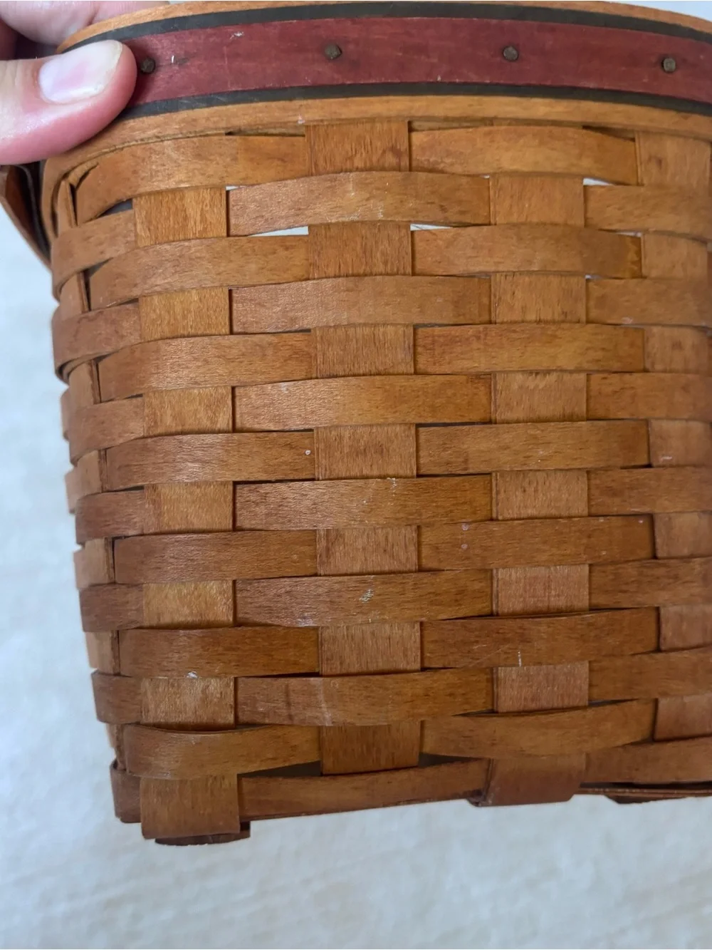 Longaberger Brown Woven Square Basket with Red Accent Trim